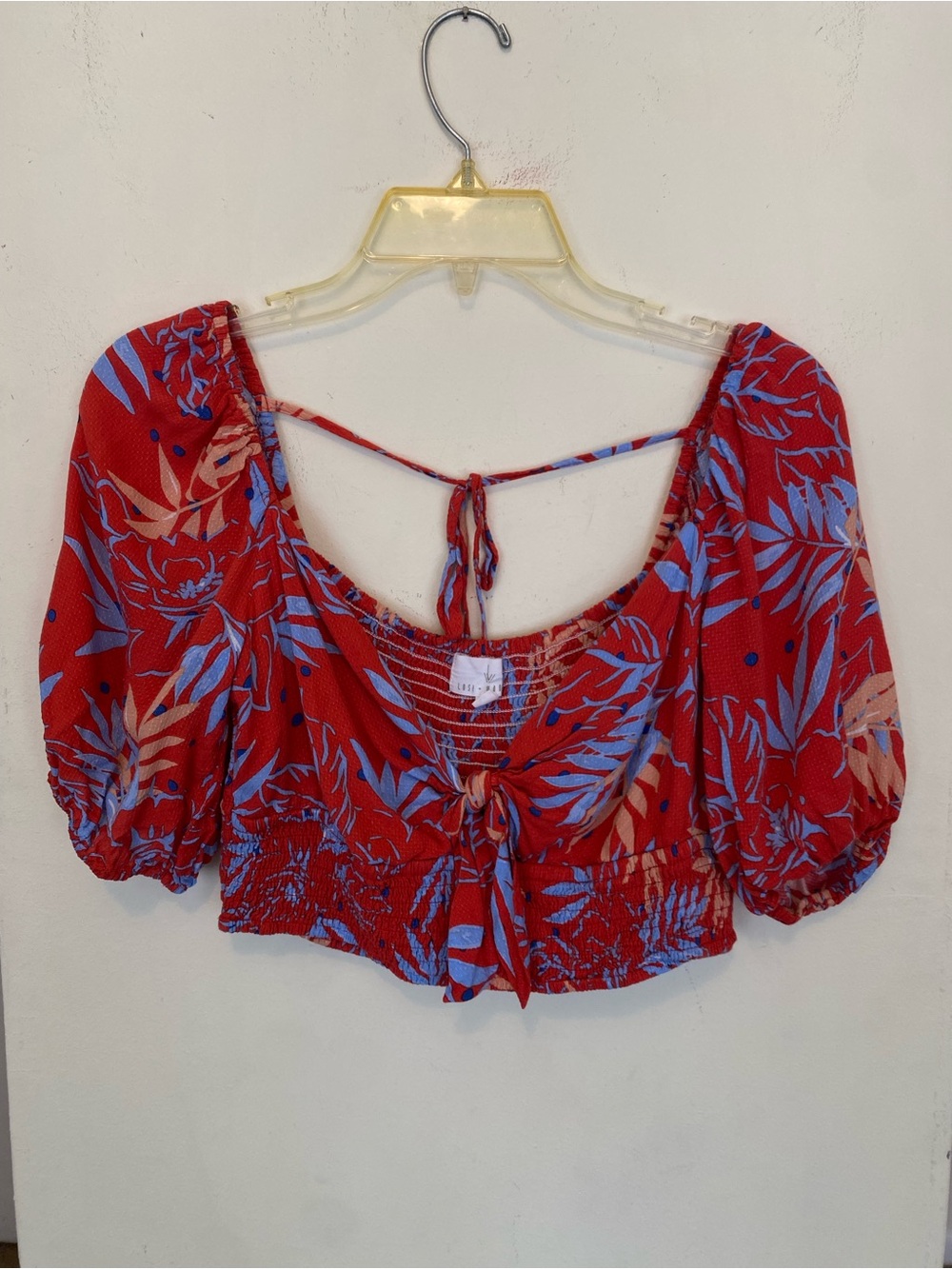Lost + Wander Red Blue Tropical Puff Sleeve Crop Top Womens Medium Tie Bust Back